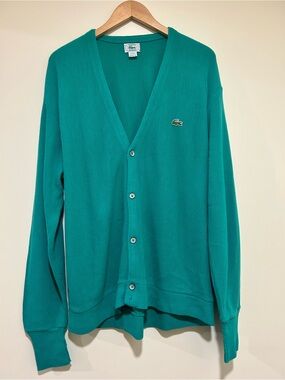 Lacoste Vintage Men's 90s Teal V-Neck Button-Up Cardigan Sweater Size Large